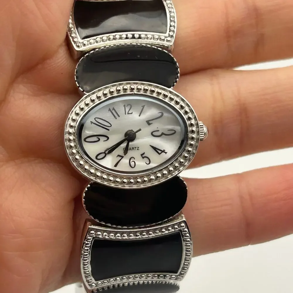 Black Mother Pearl Black And Silvertone Cuff Bracelet Watch Working New Battery